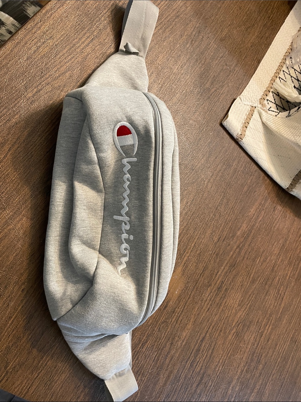 Champion Light Gray Logo Waist Pack with Red Accent